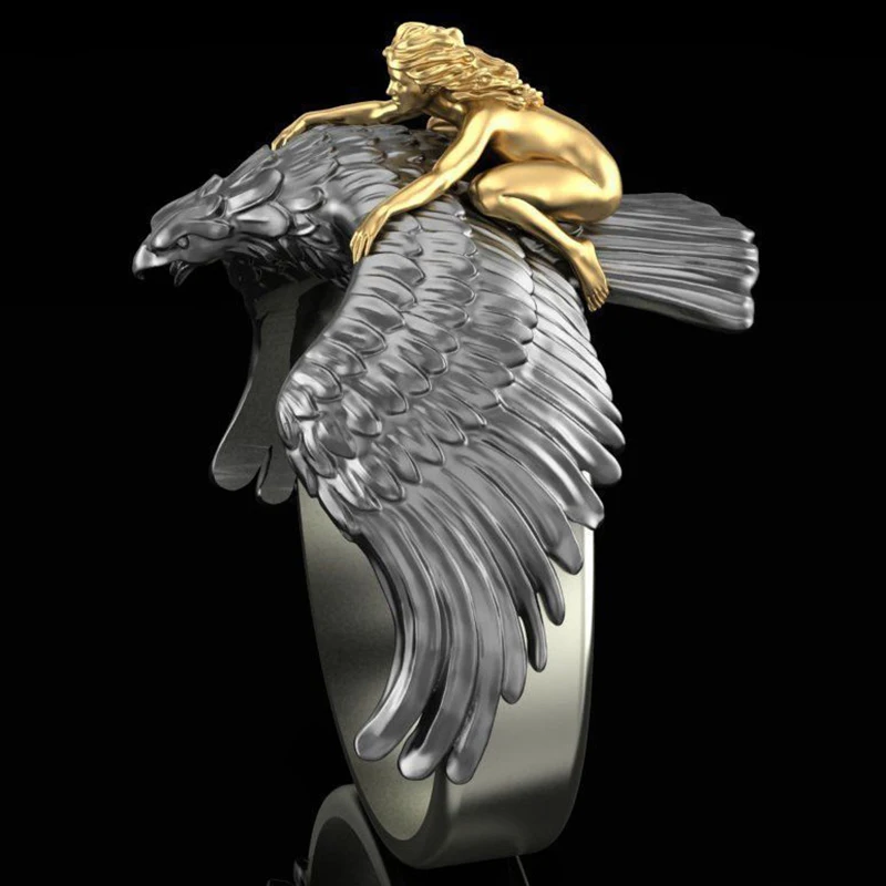 

Gold Flying Girl on The Eagle Animal Men's Ring Vintage Black Punk Biker Wing Eagle Rings for Women Hip-hop Jewelry Bague Homme