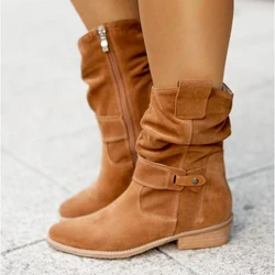 2021 Winter Warm Suede Women Boots Vintage Zipper Shoes Buckle Lady Mid-Calf Boot Outdoor Thick Low Heel Female Pointed Booties