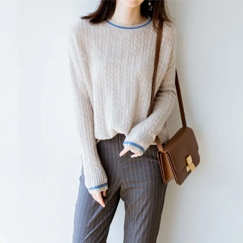 

Knitted Cashmere Women Sweater Twist O-Neck Long Sleeve Tops Office Lady Pullover Simple Autumn Chic Trendy Elegant Pull Femme