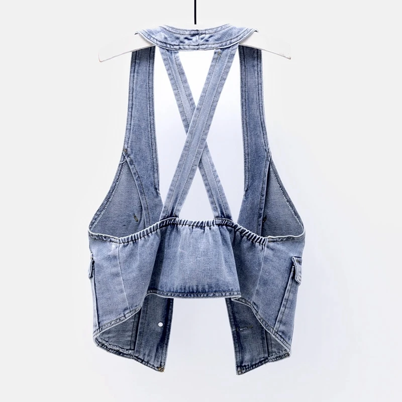 Spring Summer Sling Denim Vest Women Slim Short Student Cowboy Waistcoat Vintage Blue Pocket Sleeveless Jeans Jacket Coat Female