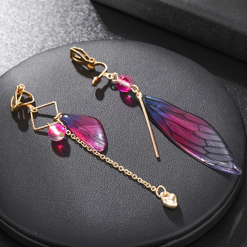 Korea Style Asymmetrical Fresh Fairy Simulation Wing Clip on Earrings Non Pierced Insect Butterfly Wing Earringas for Girl Women