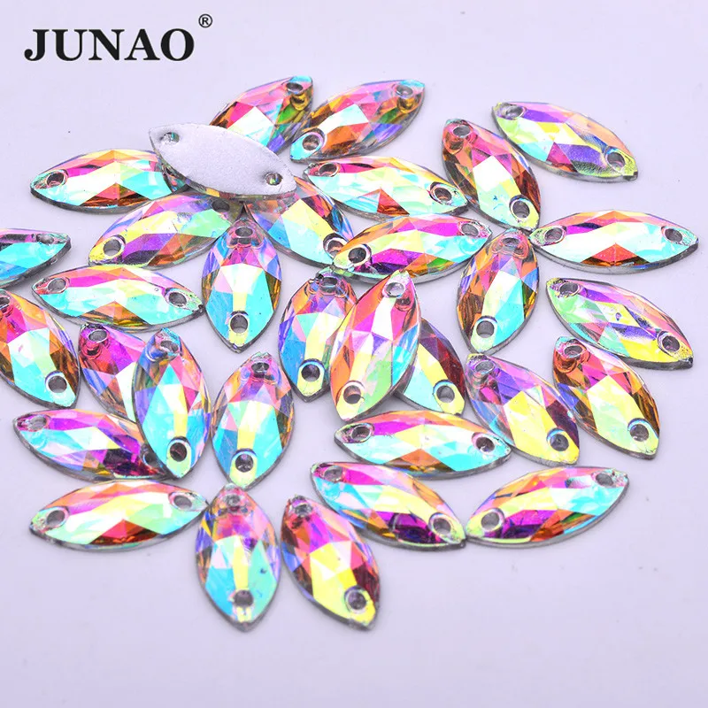 JUNAO 7x15mm Crystal AB Horse Eye Sew on Rhinestones Button Flatback Strass Diamond Glitter Decorative Crystal Stone for Garment