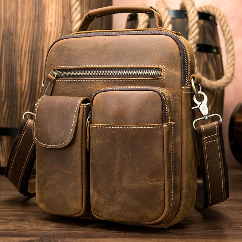 

Men's Crazy horse leather shoulder bag Zip around cowhide casual tote Vintage crossbody bag iPad Real leather messenger bag