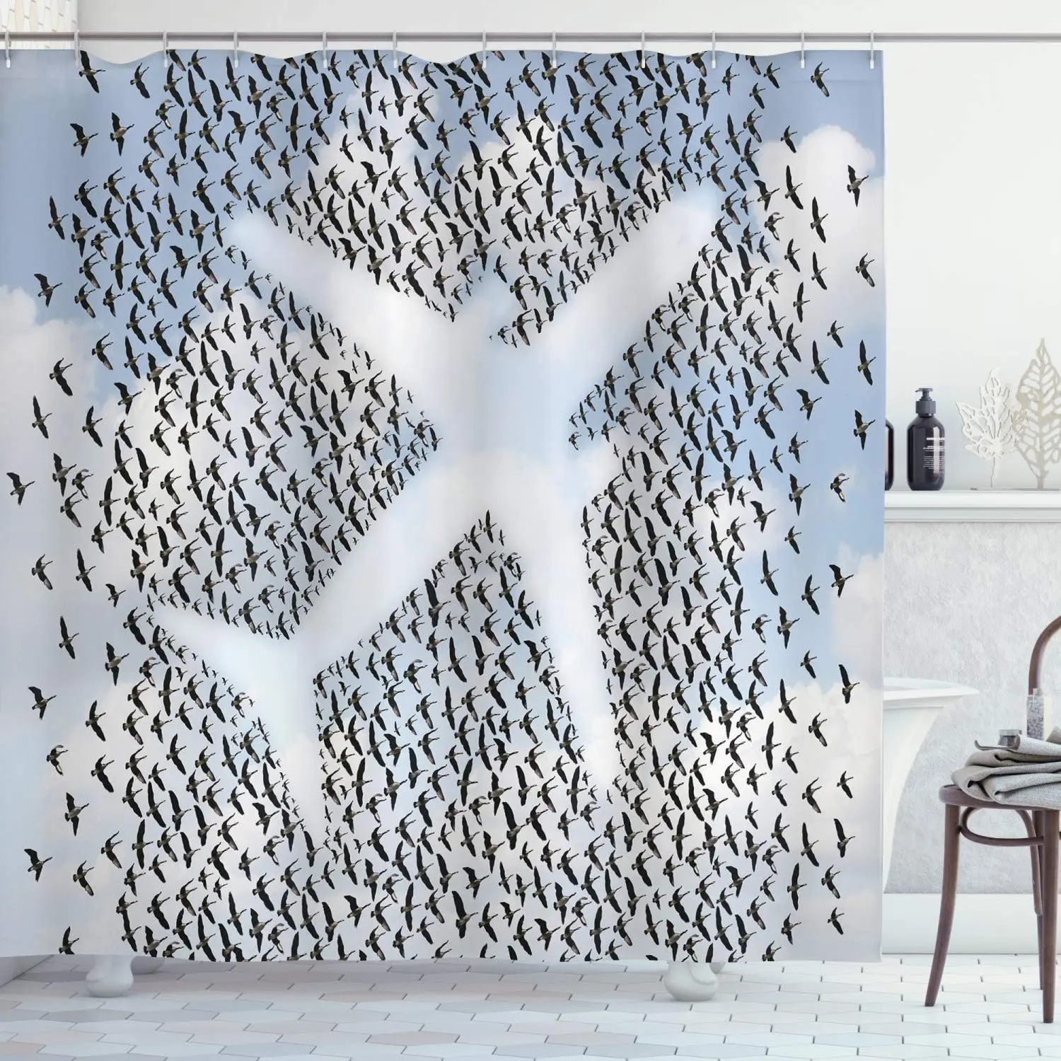 Travel Shower Curtain Airplane in The Sky with Doves Bird Hummingbird Flock Adventure Vacation Bathroom Decor Set with Hooks 70