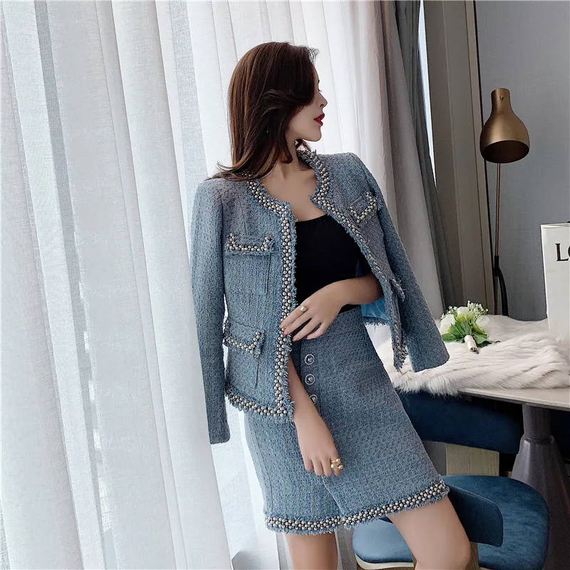 

BLLOCUE Autumn Winter New Women Elegant Office Blue Tweed Suit Beaded Wool Blazer Jacket + Mini Skirt 2 Piece Sets