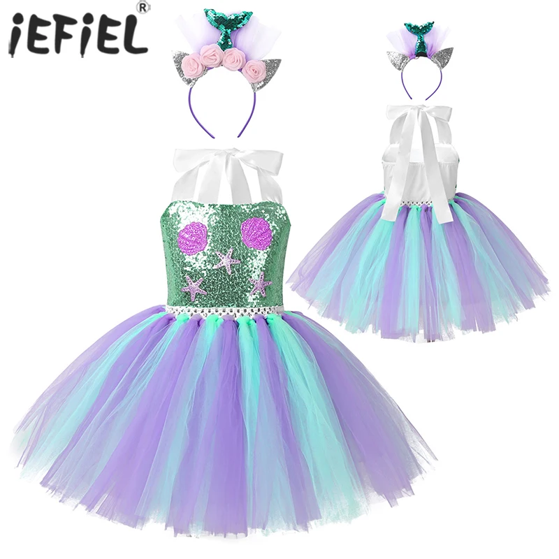 

Kids Mermaid Costume Sequins Scallop Starfish Applique Tutu Dress with Hair Hoop for Halloween Party Fancy Toddler Girl Dresses