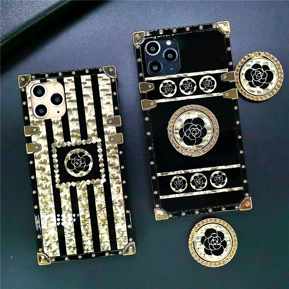 Luxury Brand Rose Flower Glitter Gold Square Case for Samsung Galaxy A71 51 S20 Plus S10 S21 Note 20 Ultra 10 S8 S9 Stripe Cover