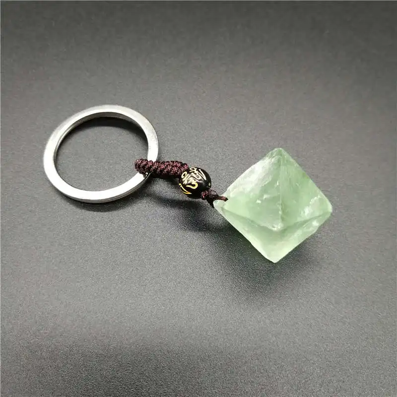 1pcs Natural Crystal Fluorite Octahedron Crude Stone Ore KeyChain Fluorite Octahedron KeyChain Raw Gemstone for jewelry making