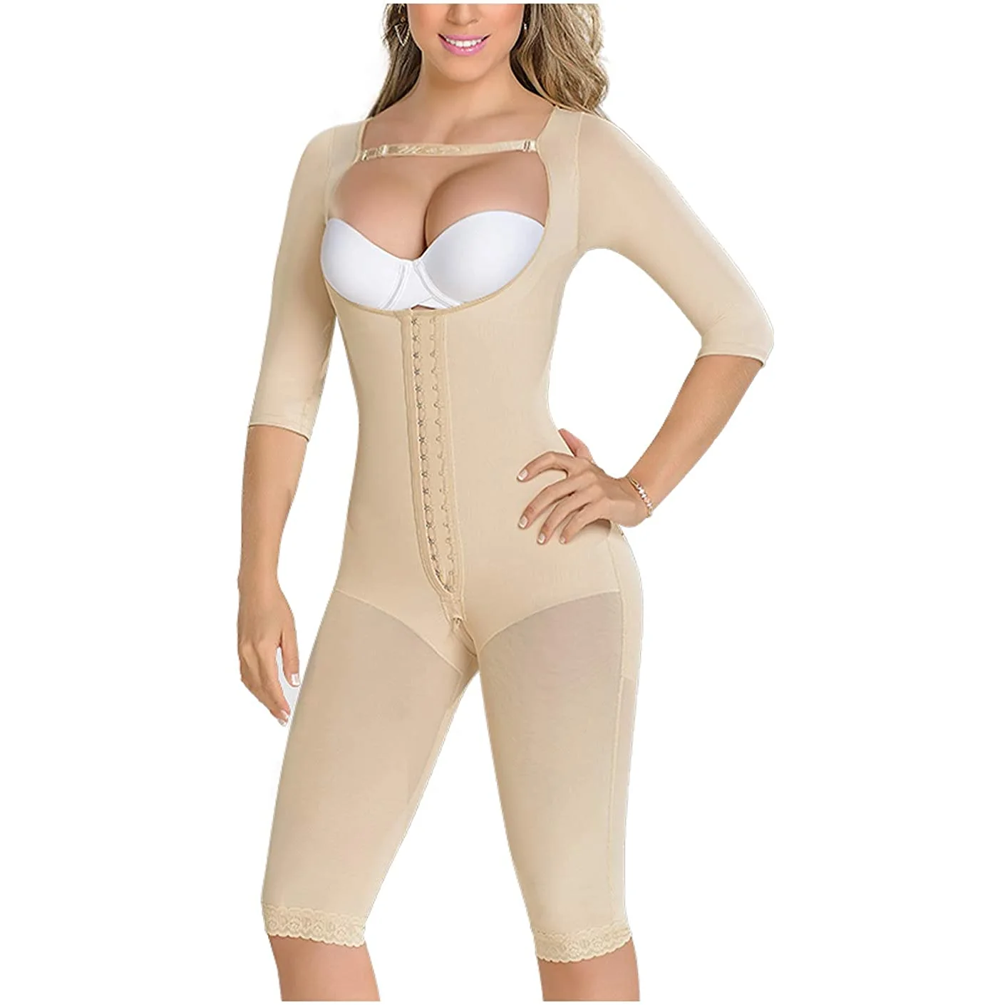 

Knee Length Shaping Bodysuit Sleeves Open Bust High-Back Recovery Compression Garment BBL Shapewear With Straps for Women Corset