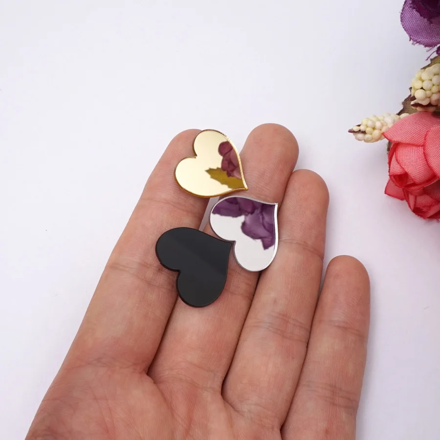 100 peças/lote 2x2.25cm preto ouro prata pequeno coração forma espelho acrílico adesivo de parede diy festival accessorie para entregar fazer