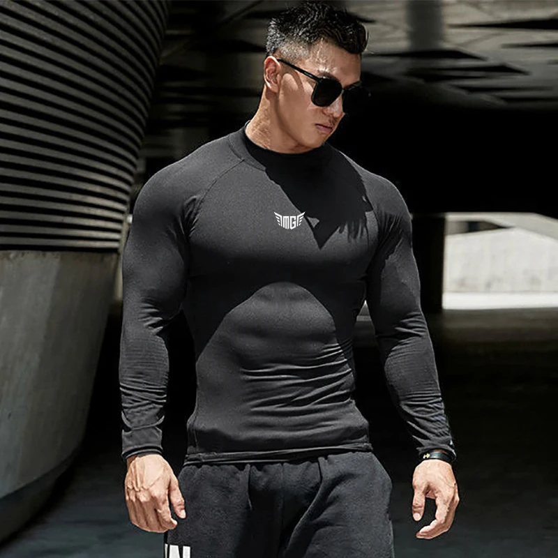 Compression Shirt Running Long Sleeve T-shirt Men Hight Collar Quick Dry Sportswear Elasticity Tight Bodybuilding Gym Clothing