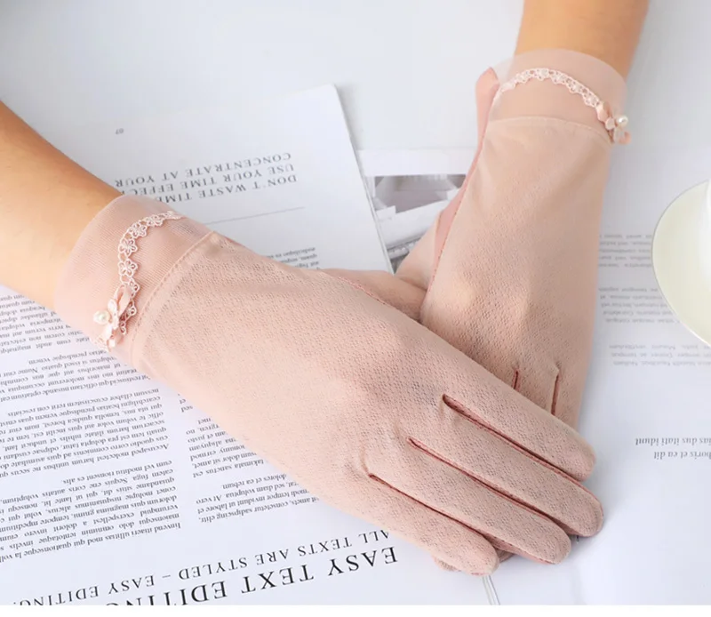 Sexy Summer Women UV Sunscreen Short Sun Screen Pearl Flowers Gloves Thin Ice Silk Lace Touch Screen Viscose Driving Gloves J53