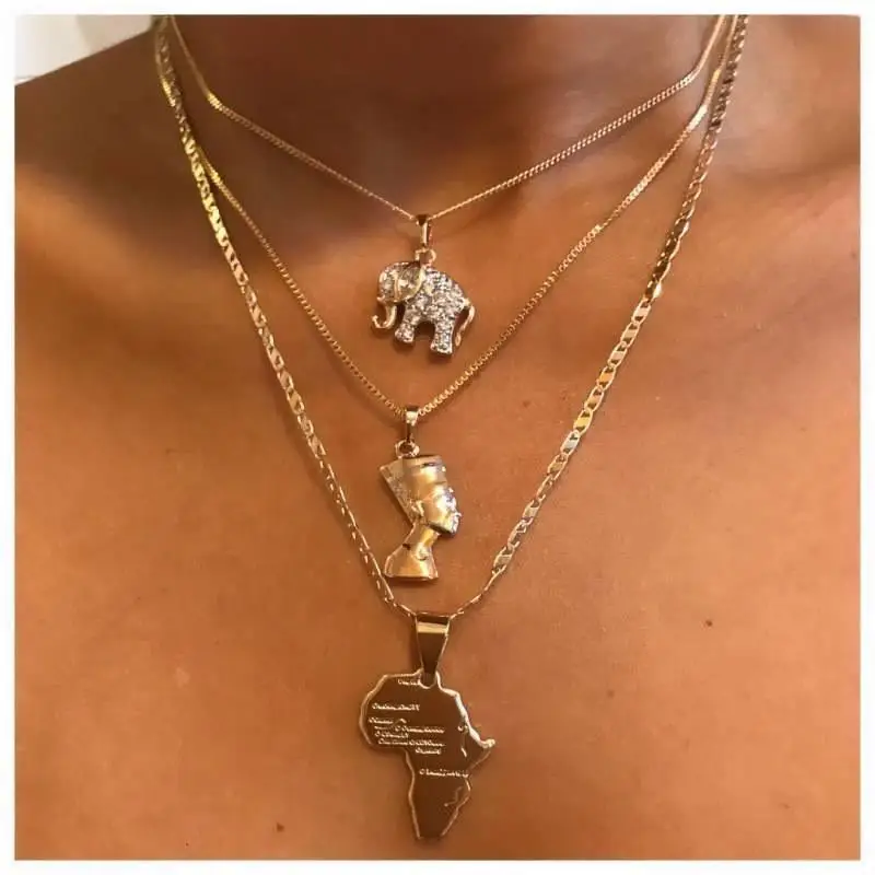 3 Pcs/Set Vintage Crystal Elephant Egyptian Pharaoh Map Pendant Necklace Punk Metal Gold Jewelry Gifts