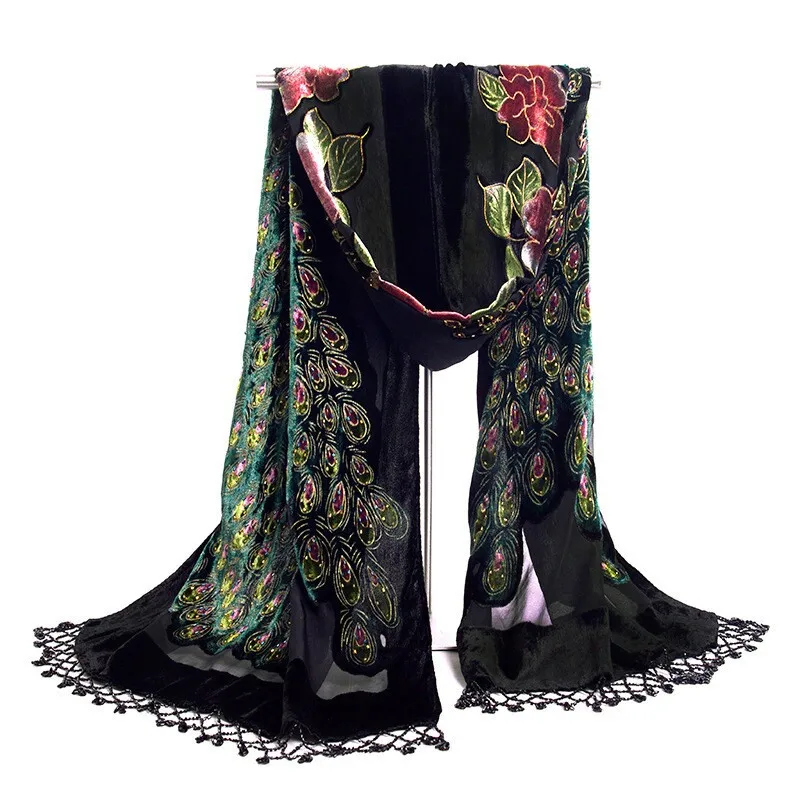 Hot Sale Black Chinese Women\'s Velvet Silk Beaded Shawl Embroidery Scarf Wrap Scarves Peafowl Free Shipping WS006-C