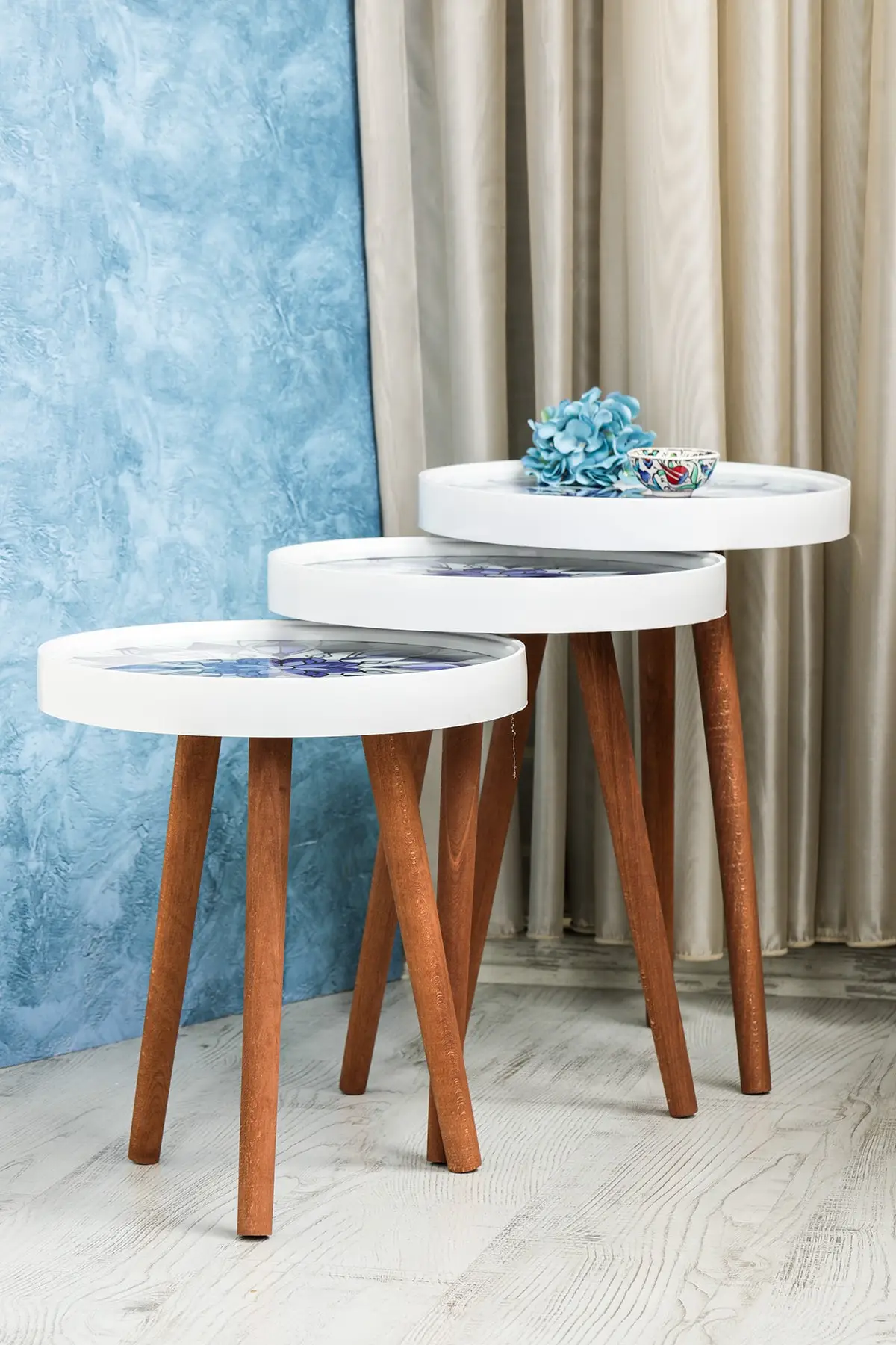 Table basse Zigon, 3 pièces, verre rétro, impression spéciale