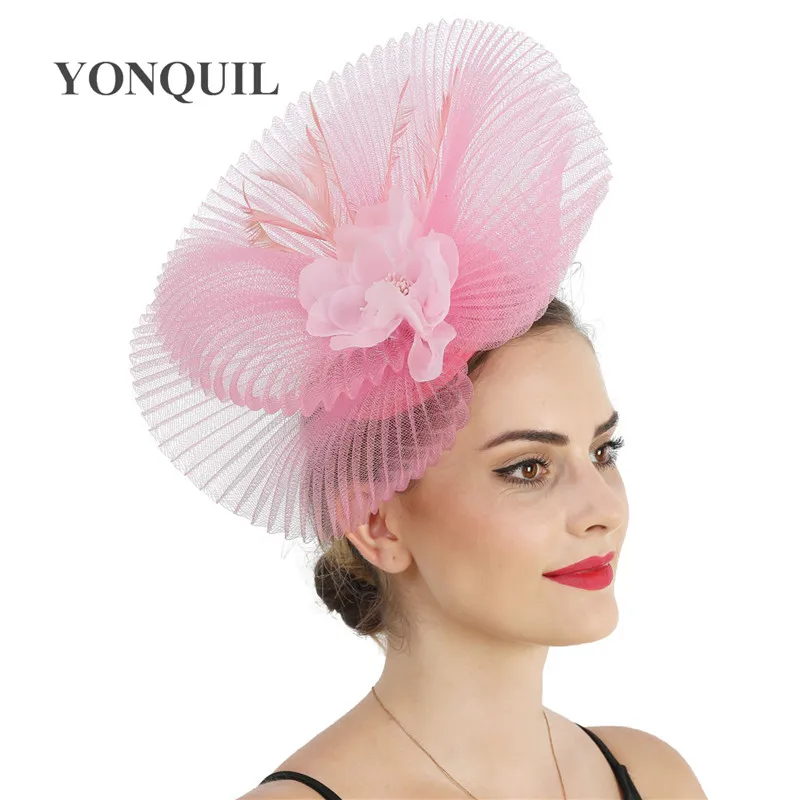 Women Pink Fascinator Hat Hairpin Bride Wedding Mesh Headpiece Cocktail Race Hair Accessories Party Banquet Dinner Millinery Cap