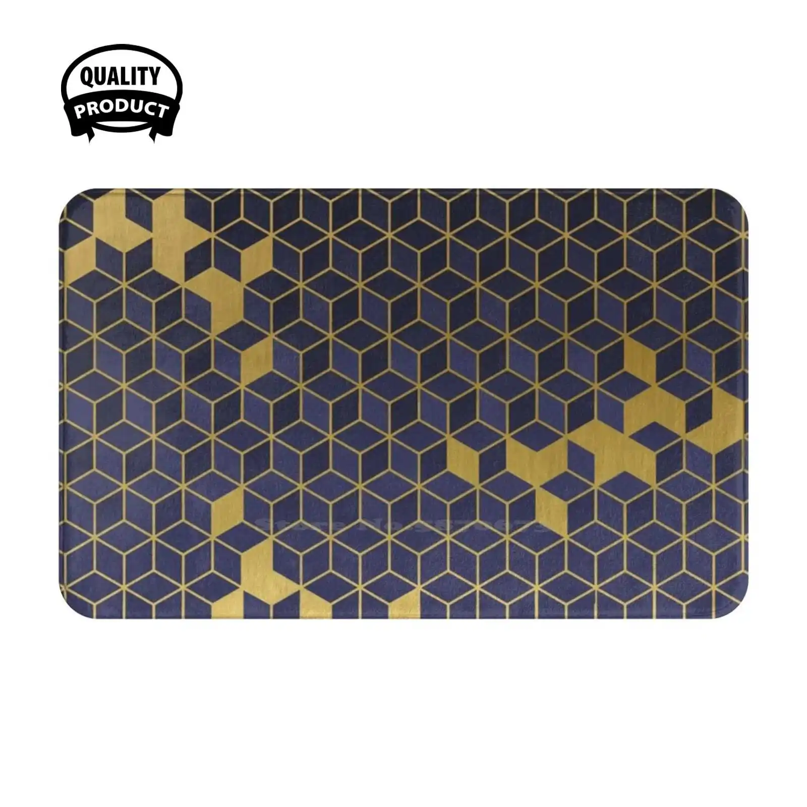 Gold And Blue Geometric Abstract Illusion Soft Cushion Home Carpet Door Mat Car Rug Navy Night Sapphire Blue Graphic Modern