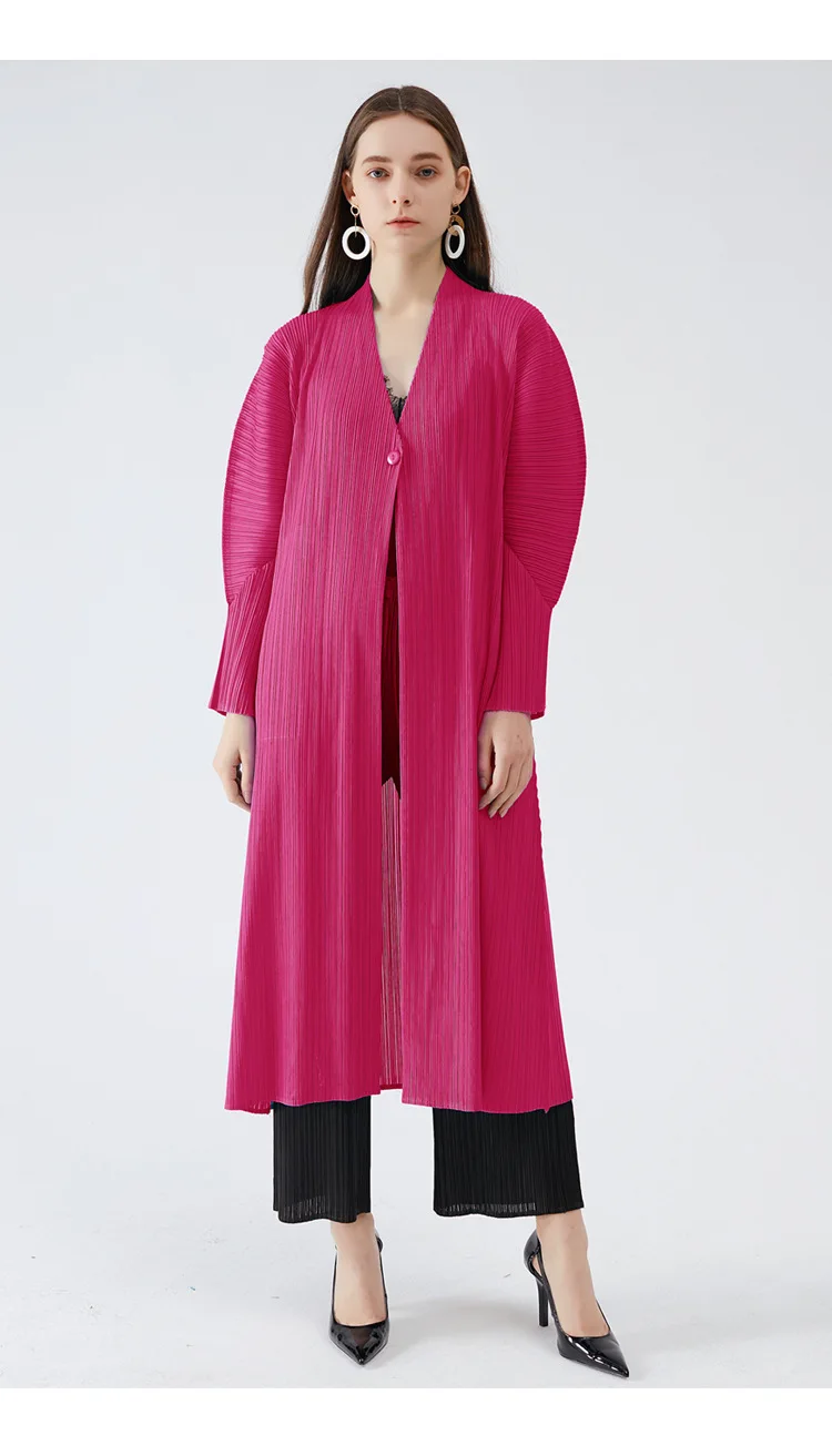 

HOT SELLING Miyake Fashion fold trench coat Puff sleeve solid the v-neck single button trench coat IN STOCK