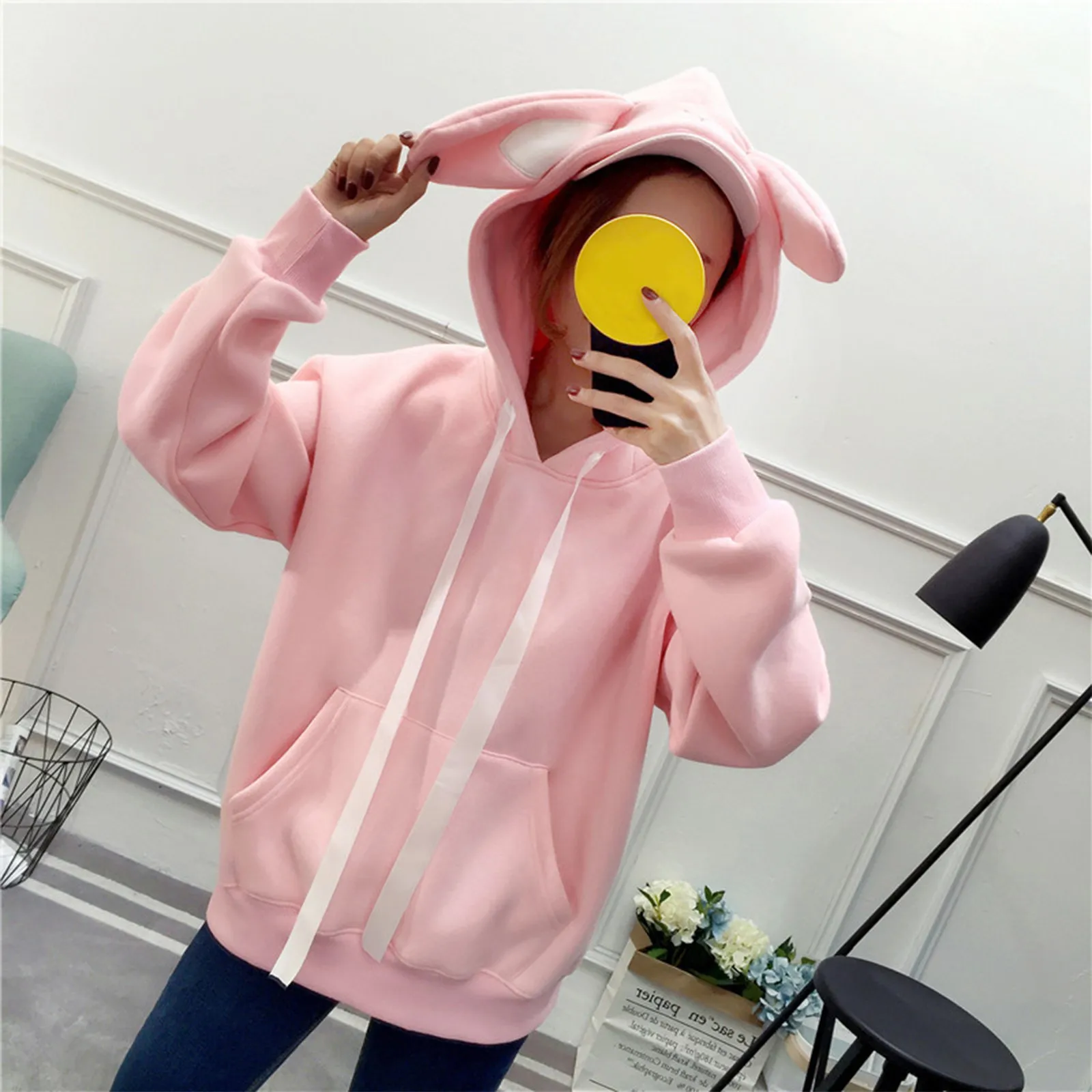 Fashion Autumn Winter Bunny Hoodie Women Rabbit Ears Top Hoodie Long Sleeve Loose Sweatshirt Kawaii Pink Tops Худи Оверсайз