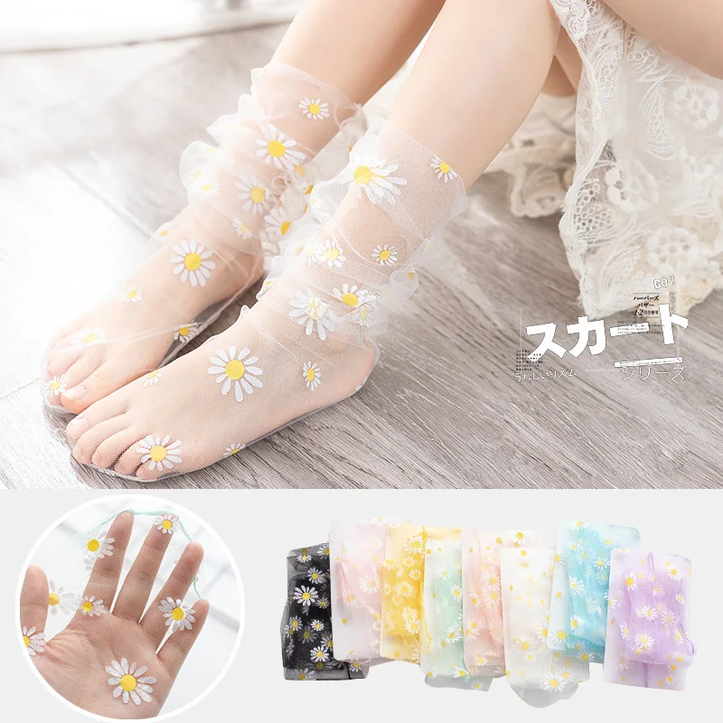 Summer Children\'s Net Yarn Socks Transparent Ultra-thin Stockings Daisy Printed Mesh Socks Baby Toddler Socks