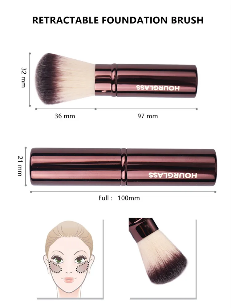 Hourglass Retractable Foundation Makeup Brush - Soft Flawless Travel Sized Foundation Powder Blush Beauty Cosmetics Brush Tools