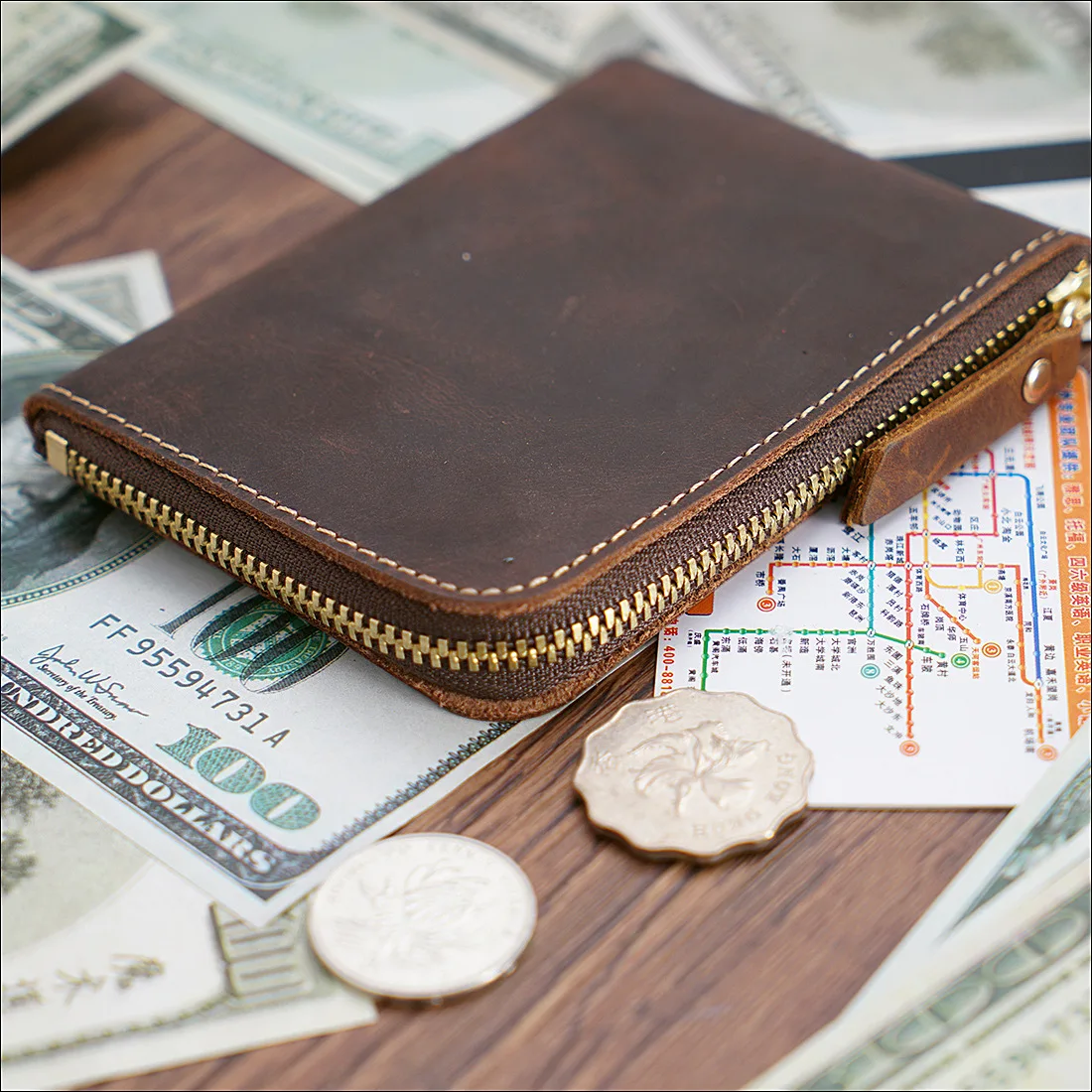 Handmade Mens Wallet Leather Genuine Short Vintage Zipper Wallet for Men Crazy Horse Leather Small Coin Pocket Money Bag