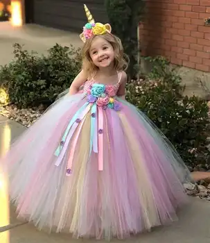 สาวพาสเทลยูนิคอร์นดอกไม้ Tutu ชุดเด็กโครเชต์ Tulle ชุดบอลชุดเดซี่ริบบิ้นเด็กชุดเครื่องแต่งกาย
