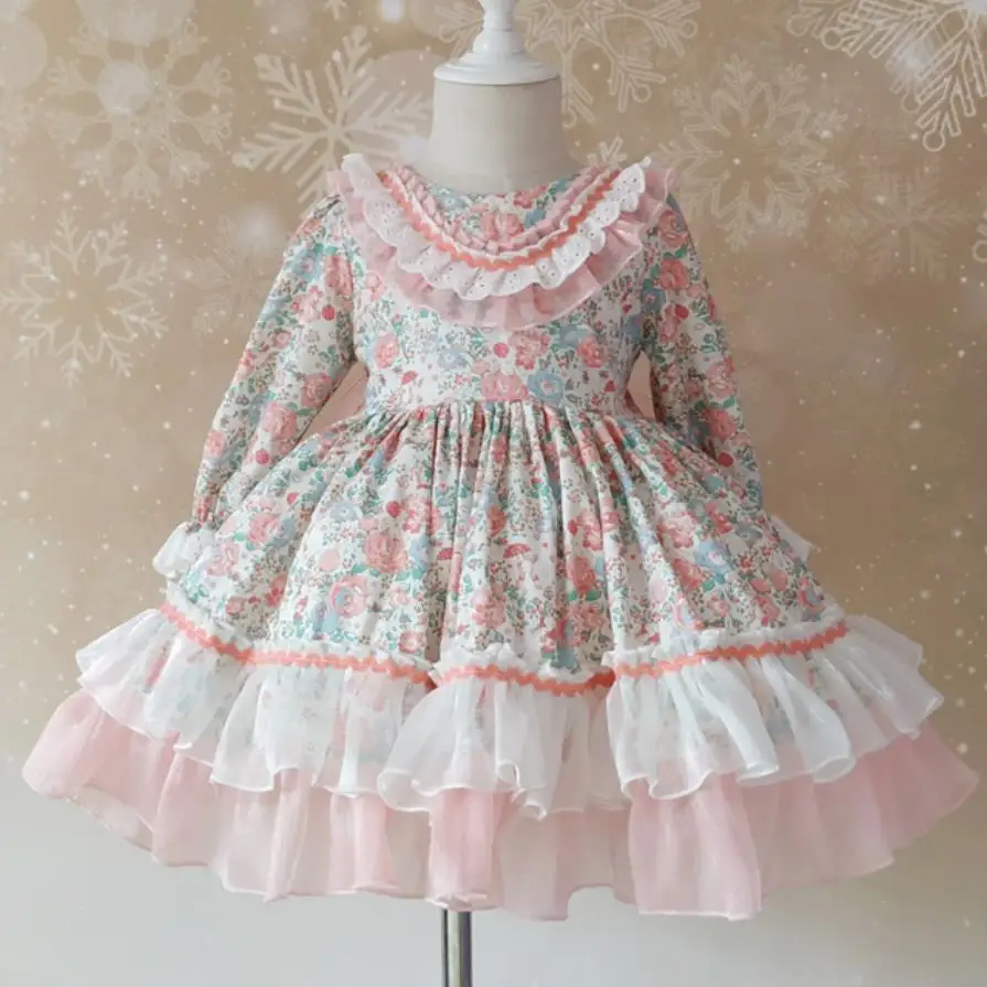 baby girl auutmn winter Spanish Country style floral princess dress mesh stitching Lolita vintage ball gown dress