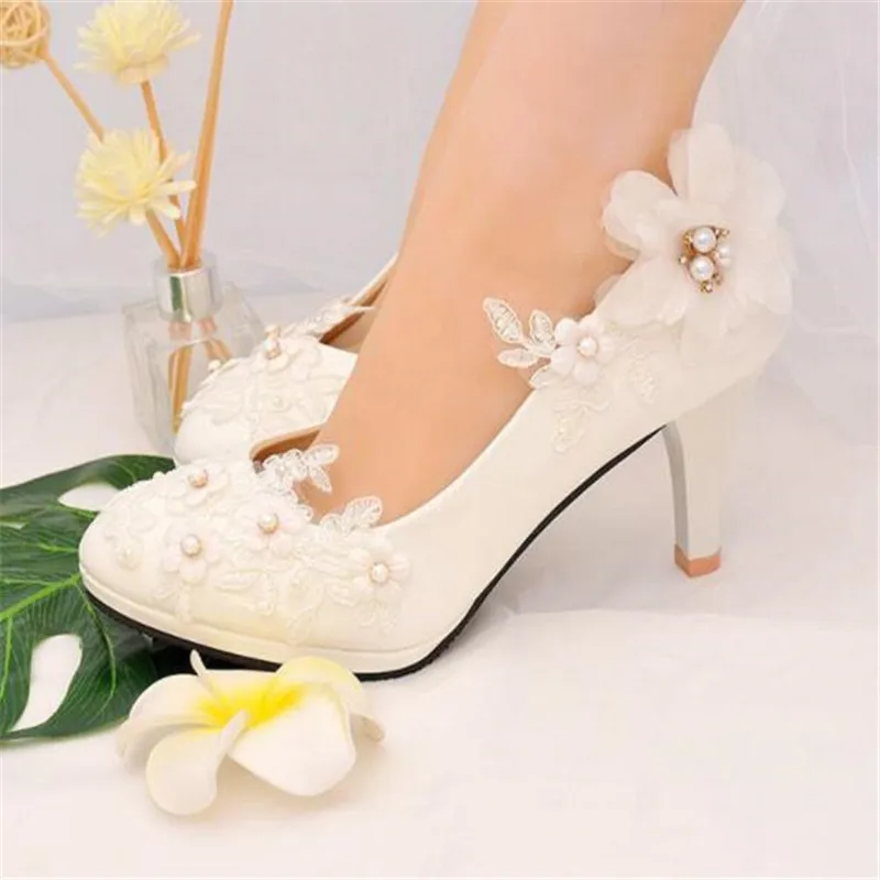 Classic white lace flower wedding shoes woman high heels 2019 women low heels bridal shoes female shoes plus size 41 42