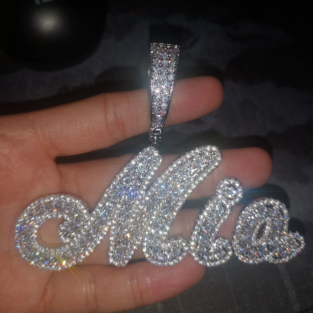 Uwin Custom Brush Cursive Letter Pendant Name Necklace Baguettes Chain Micro Paved CZ Personalized  Hiphop Jewelry