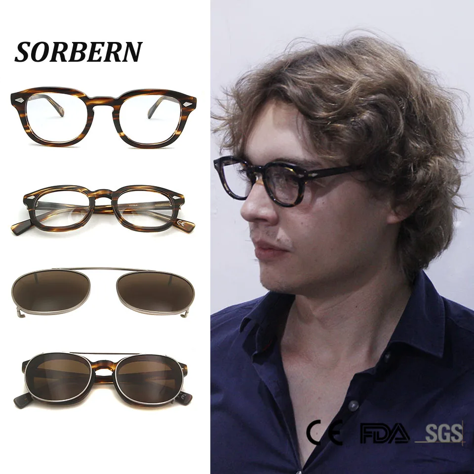 SORBERN Round Clip On Sunglasses Men Polarized Lens Acetate Frames Metal Steampunk Removable Carve Design Vintage Sun Glasses