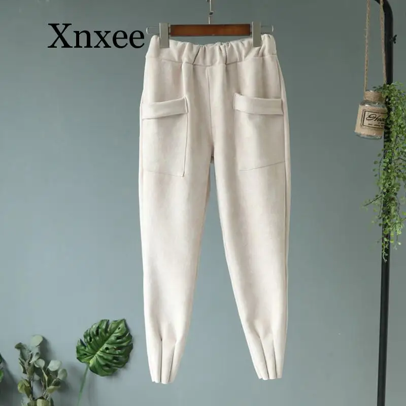 

Loose Women's Suede Pants Autumn Winter Elastic beige Pockets Harem Trousers Casual Cashmere Women Carrot Pants