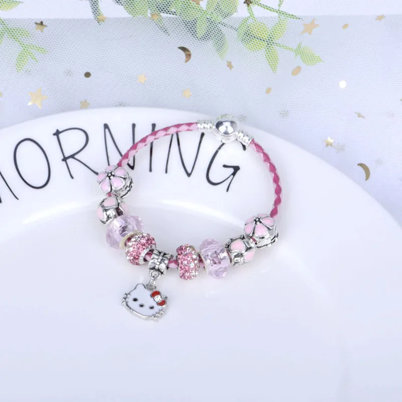 Pan Jia charm KT Cute Cat Leather Rope Bracelet Female Pink Crystal DIY Alloy Large Hole Beaded Bracelet February 14 gift