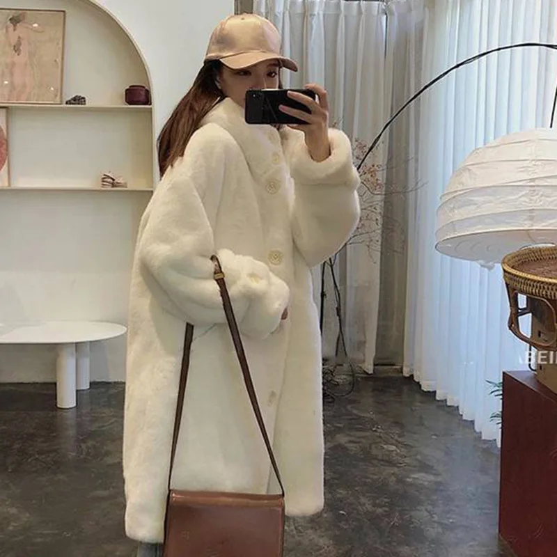 Women\'s Winter Cute Plush Coat Hooded Coat Buttoned Long Overcoat Shaggy Coat Faux Fur Coat Rabbit Fur Coat Female Hair Coat