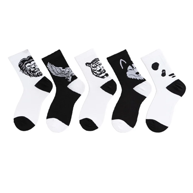 Calcetines cortos blancos y negros para hombre, medias de Hip Hop con dibujos divertidos de animales, Panda, Tigre, Lobo, águila, patrón de