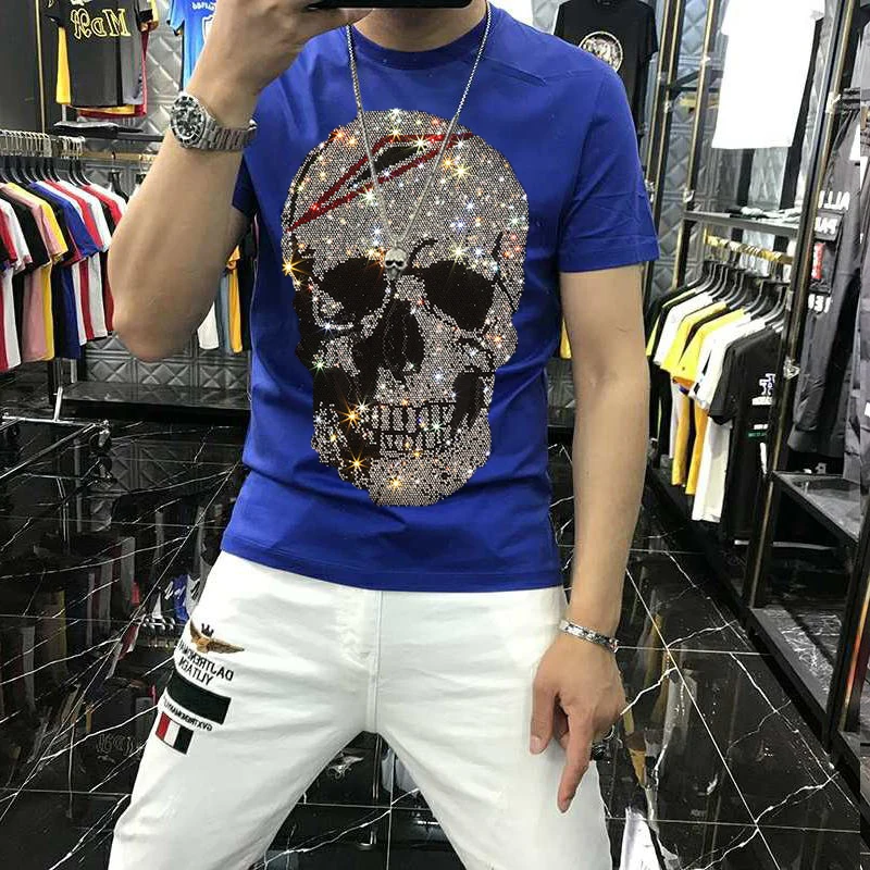 Hot Rhinestone Skull Men's T-Shirt Trend Slim Handsome Mercerized