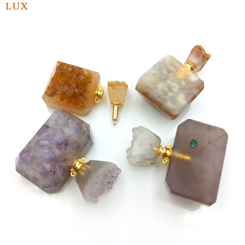 Natural Citrine Amethyst Druzy Perfume Bottle, Gemstone Essential Oil Diffuser, Home Decor, Crystal Gift for Women