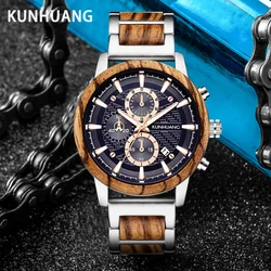 KUNHUANG drewniane zegarki luksusowe świecenia wielofunkcyjny drewniane mężczyźni kwarcowy Zegarek Retro moda Sport zegarki Zegarek męski