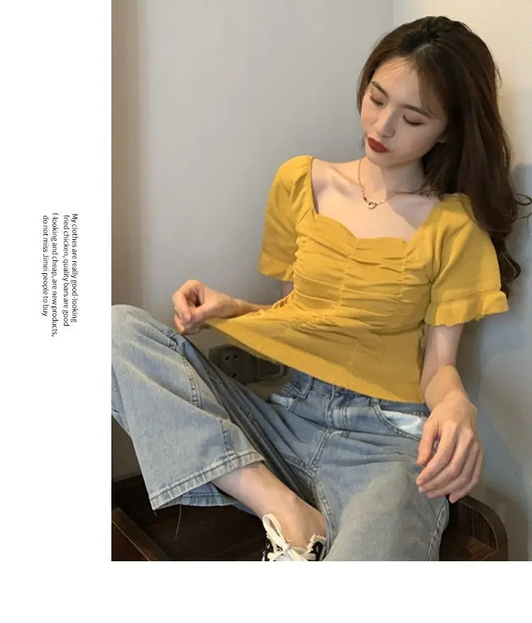 Gestrickte Modische Bluse Damen Rüschen Jugendlich Elegant Sommer Crop Top Sexy Figurbetonte Bluse Kurzarm – Detail 5