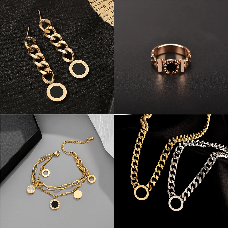 MEYRROYU Stainless Steel Punk Roman Numerals Fashion Jewelry Set For Women Bracelet Necklace Earrings Ring 2023 Trend Party Gift