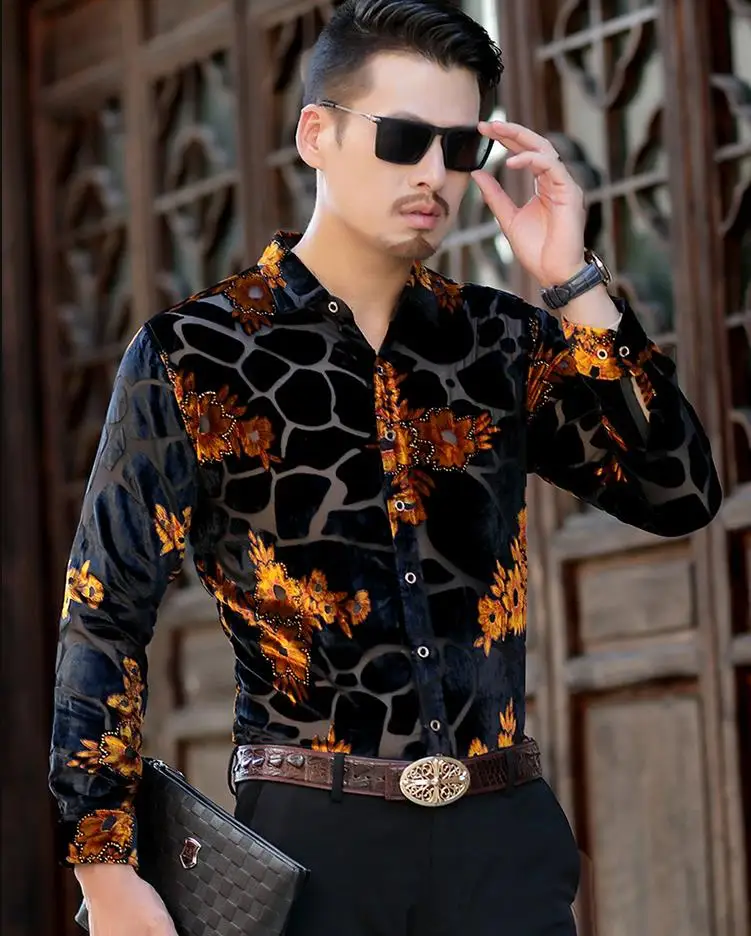 

Flower Leopard Mens Transparent Silk Sexy Lace See Through Long Sleeve Fashion Bar Party Casual Dress Shirt