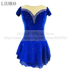 LIUHUO Women's Girls'  Performance Rhythmic Gymnastics Competition Leotard Costume Ice Figure Skating Dress SleevelessBlueVelvet