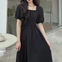 HOUZHOU Black Vintage Midi Dress Elegant Women Dresses Square Collar Puff Sleeve Oversized Loose Casual Sundress Female Robe