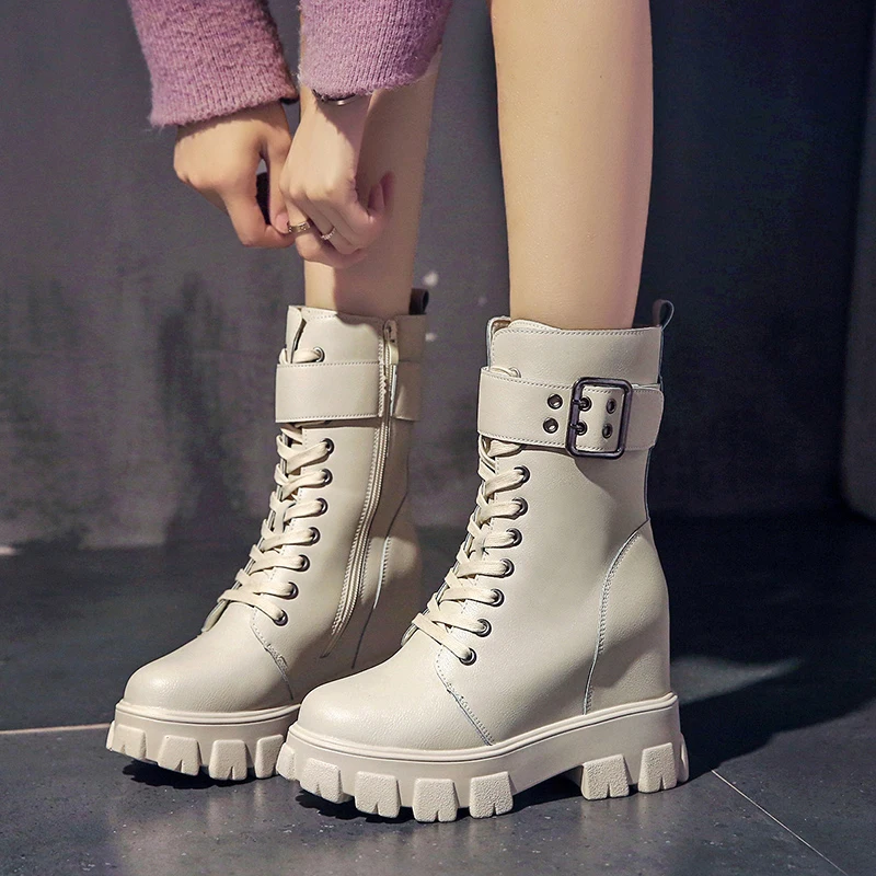 

2019 Women Autumn Shoes Mid-Calf Boots Fashion Buckle Height Increasing Woman Boots Platform Shoes White Black Female Shoe Boot