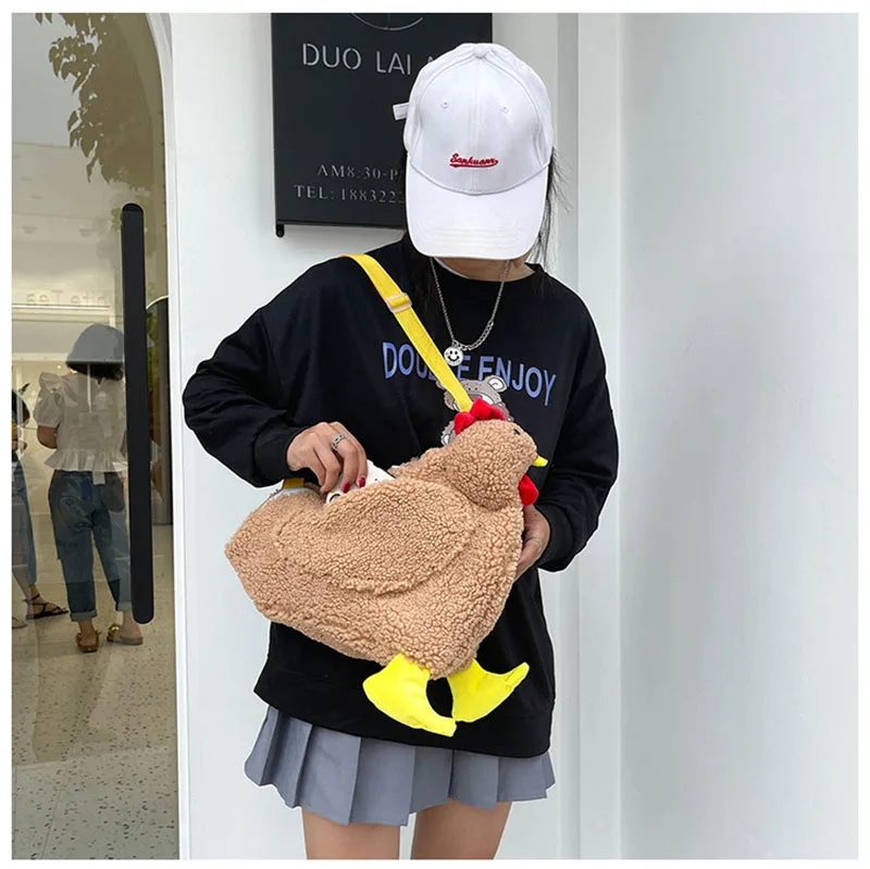 Cartone animato pollo borsa da ragazza borsa a tracolla in peluche da donna borsa a tracolla con cerniera a gallo carino con cinturino regolabile Streetwear abbigliamento casual