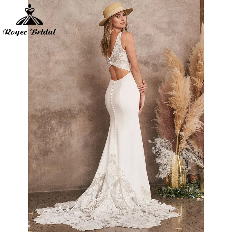 Vestido de novia bohemio de sirena con botones en la espalda, Top de encaje sin mangas, satén, espalda abierta, corte sirena, 2022