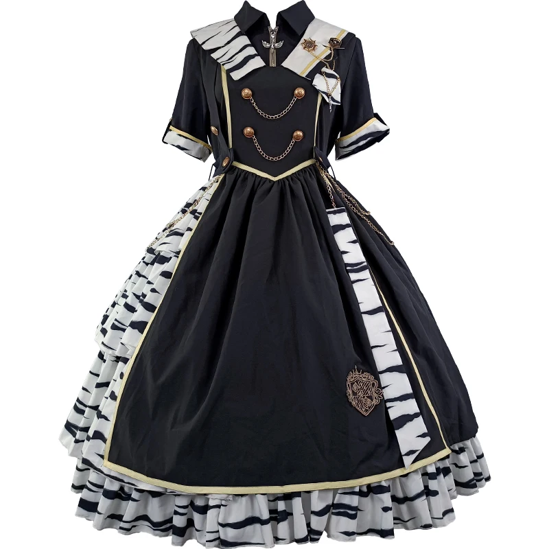 Black Lolita One Piece Dress short Sleeve Metal Details Momo Patchwork Gothic Lolita Dress