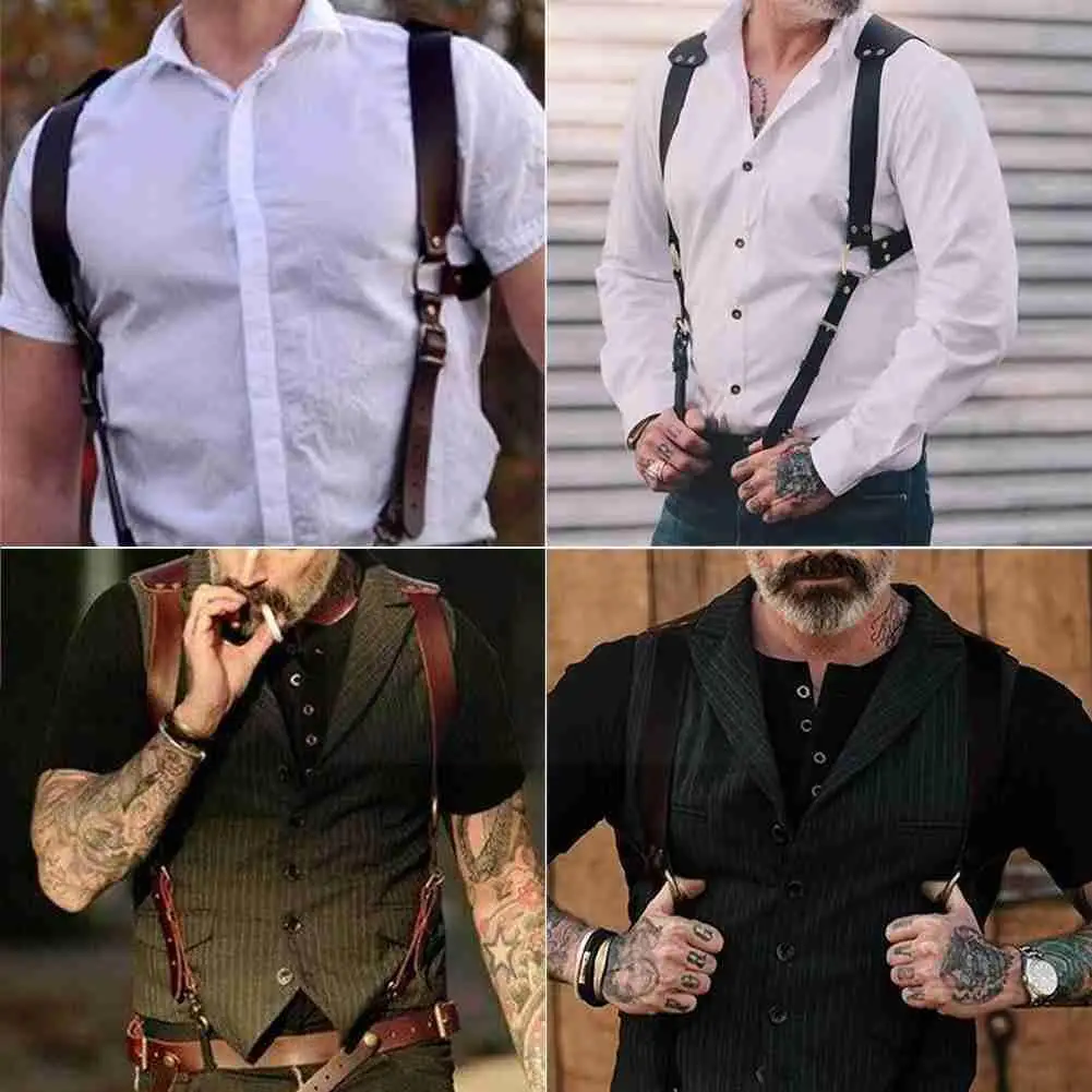 Fashion PU Leather Suspenders for Men Shirt Trousers Adjustable Belts Vest Straps Braces Harness Chest tirantes hombre