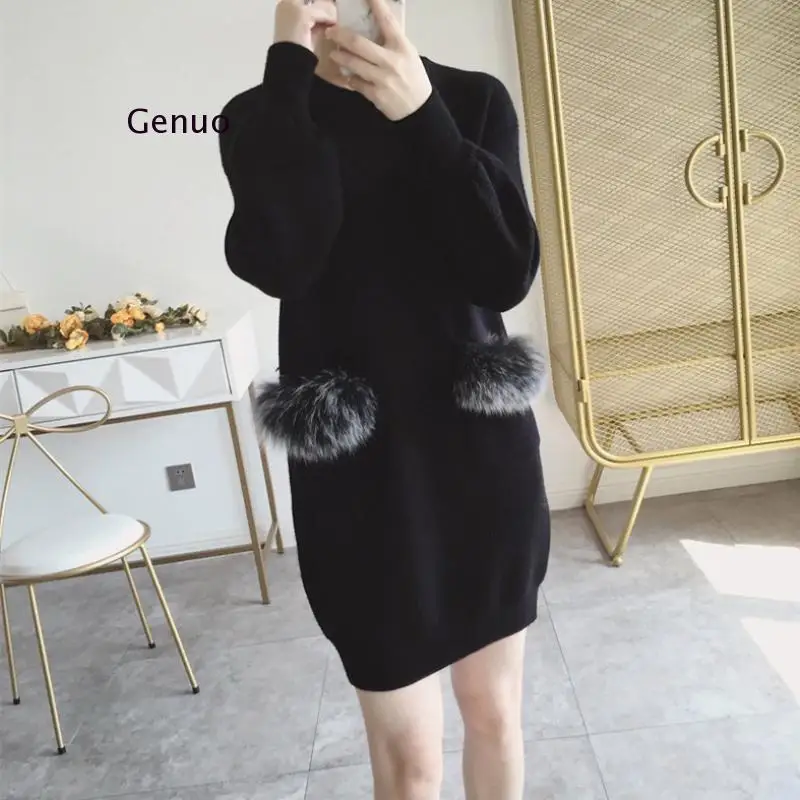 2021 Women New o Neck Pull Jumpers Real Rabbit Fur Cashmere Sweater Long Sweaters Women Pocket Fur Jumpers Christmas Sweater