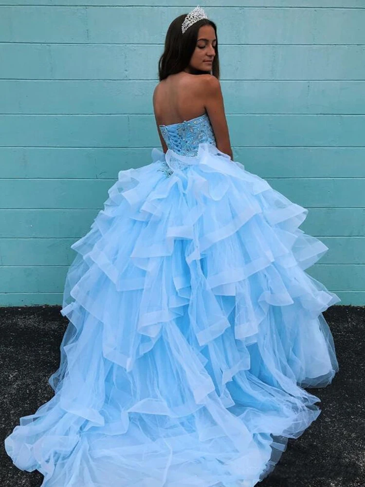 2020 Tiered Sweep Train Tulle Puffy Princess Evening Dresses Sweetheart Beaded Lace Up Back Party Gowns Sweet 16 Prom Dress